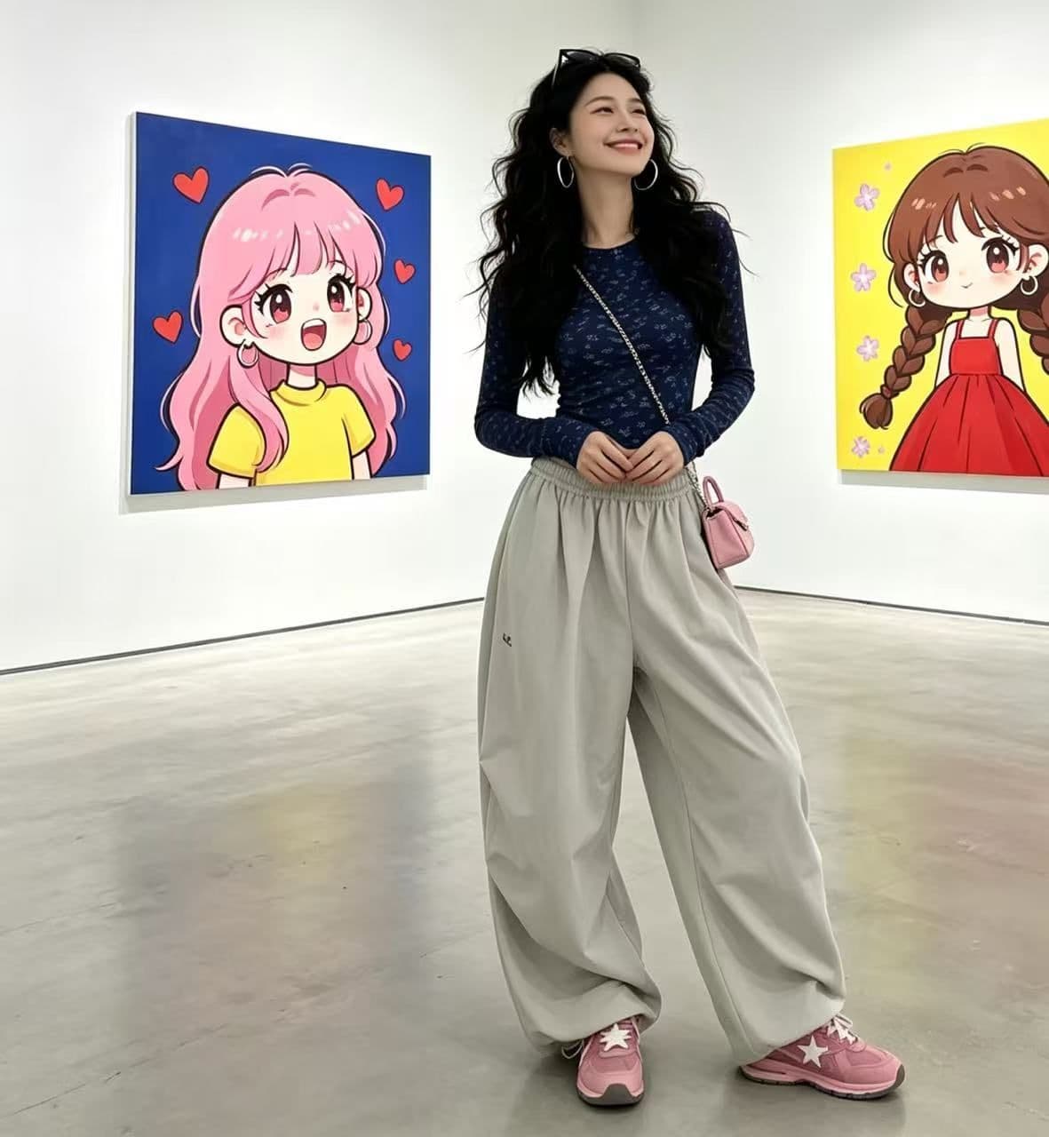 ins 바람 인터넷 유명인 아메리칸 레트로 자수 레이스업 펌프 Pleat 넓은 다리 루즈핏 캐주얼 긴 바지 상세 이미지 7