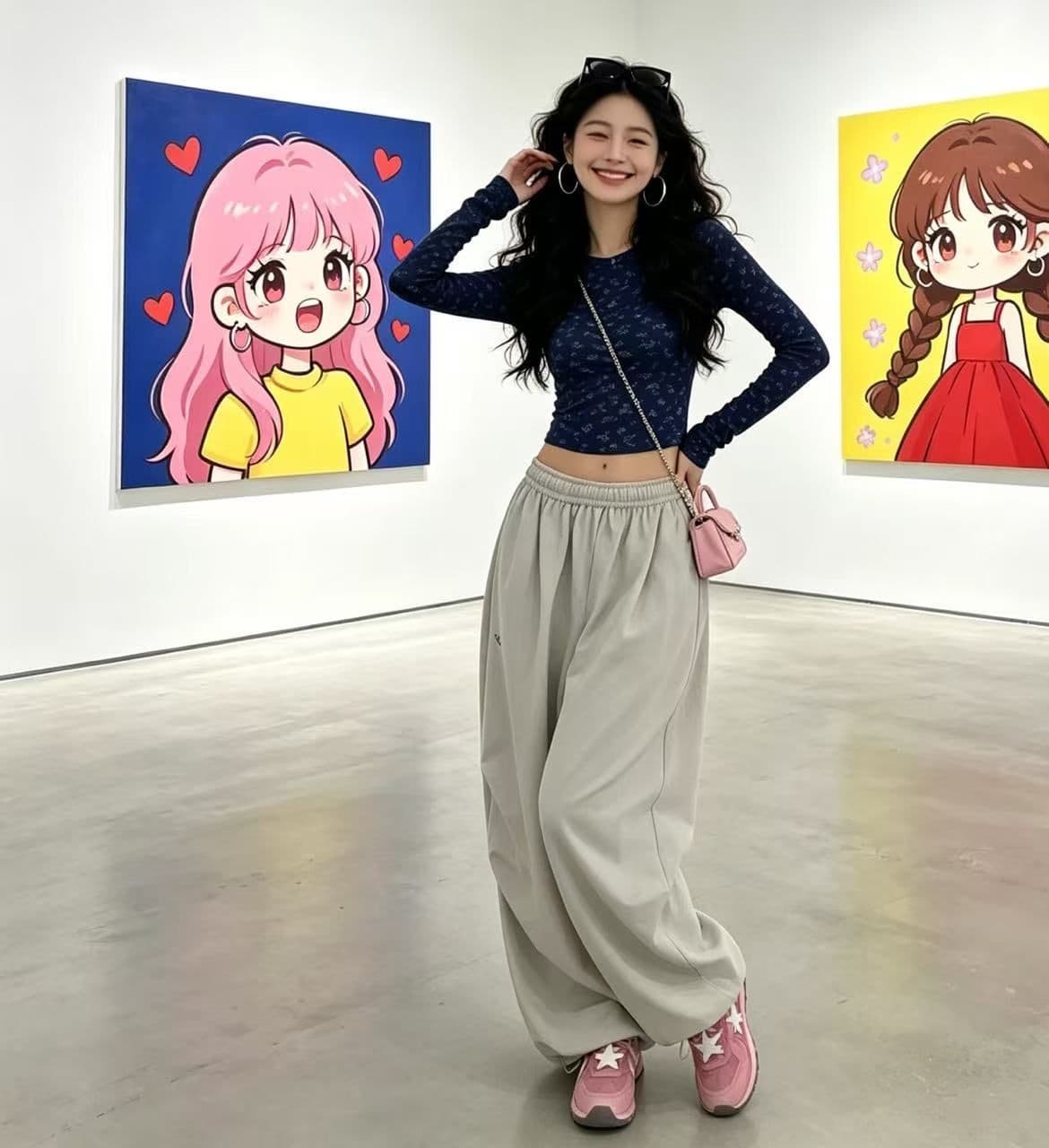 ins 바람 인터넷 유명인 아메리칸 레트로 자수 레이스업 펌프 Pleat 넓은 다리 루즈핏 캐주얼 긴 바지 상세 이미지 9