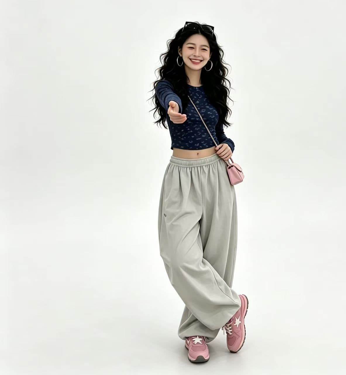 ins 바람 인터넷 유명인 아메리칸 레트로 자수 레이스업 펌프 Pleat 넓은 다리 루즈핏 캐주얼 긴 바지 상세 이미지 11