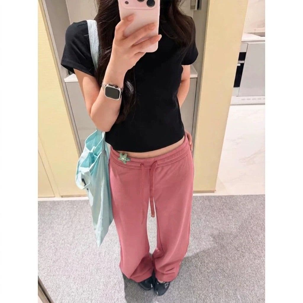 녹색 허리밴드 펌프 로프 넓은 다리 캐주얼 운동 바지 여성 여름 얇은 스타일 도파민 바람 로우 웨이스트 슬림해 보이는 스트레이트 웨이 바지 이미지 3