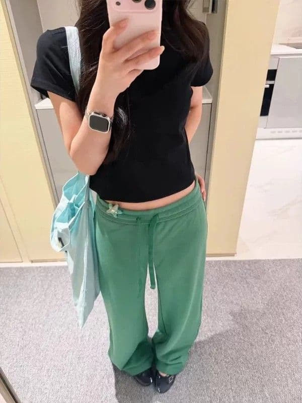 녹색 허리밴드 펌프 로프 넓은 다리 캐주얼 운동 바지 여성 여름 얇은 스타일 도파민 바람 로우 웨이스트 슬림해 보이는 스트레이트 웨이 바지