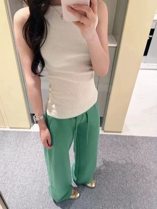 녹색 허리밴드 펌프 로프 넓은 다리 캐주얼 운동 바지 여성 여름 얇은 스타일 도파민 바람 로우 웨이스트 슬림해 보이는 스트레이트 웨이 바지 이미지 4