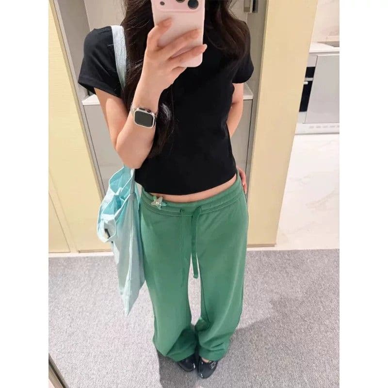 녹색 허리밴드 펌프 로프 넓은 다리 캐주얼 운동 바지 여성 여름 얇은 스타일 도파민 바람 로우 웨이스트 슬림해 보이는 스트레이트 웨이 바지 상세 이미지 2