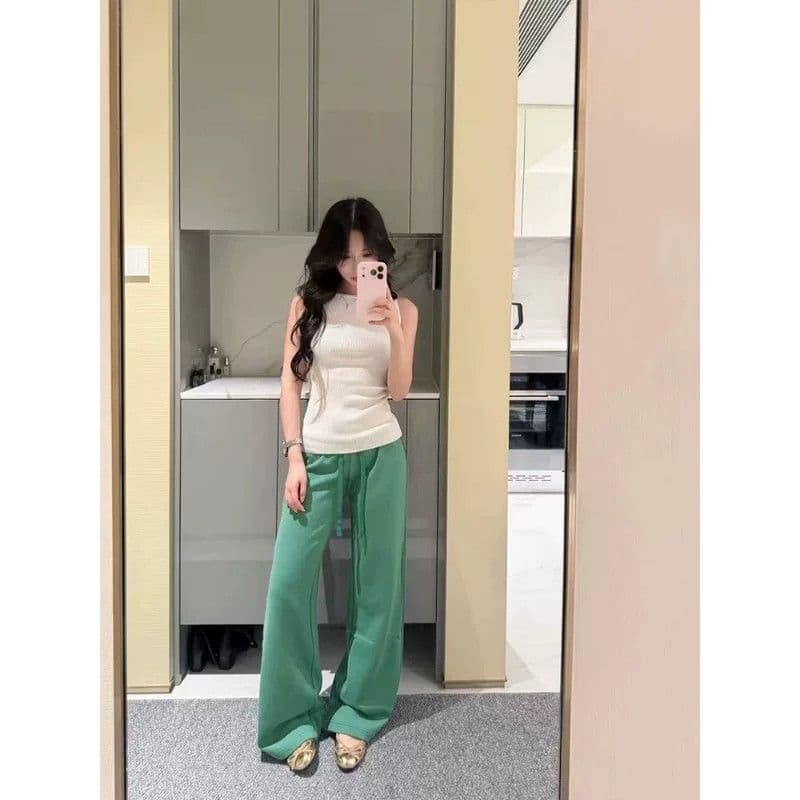 녹색 허리밴드 펌프 로프 넓은 다리 캐주얼 운동 바지 여성 여름 얇은 스타일 도파민 바람 로우 웨이스트 슬림해 보이는 스트레이트 웨이 바지 상세 이미지 5
