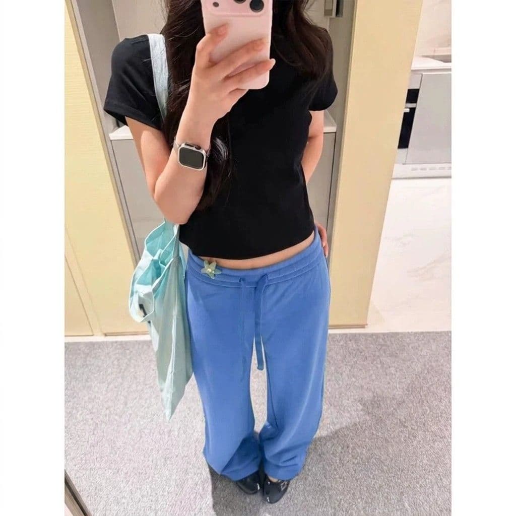녹색 허리밴드 펌프 로프 넓은 다리 캐주얼 운동 바지 여성 여름 얇은 스타일 도파민 바람 로우 웨이스트 슬림해 보이는 스트레이트 웨이 바지 상세 이미지 8