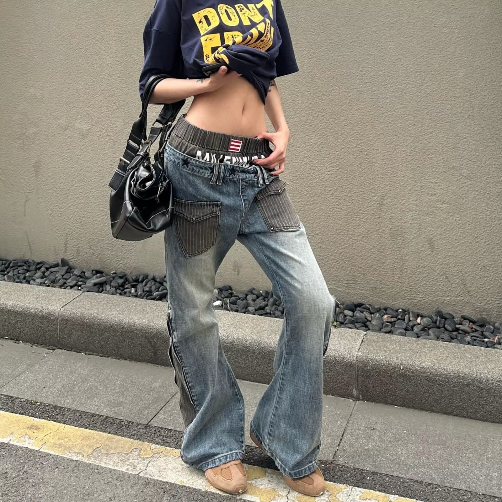 아메리칸 레트로 핫걸 워싱 마 오래된 넓은 다리 청바지 여성 가을 하이웨이스트 루즈핏 슬림해 보이는 다용도 바닥 청소 긴 바지