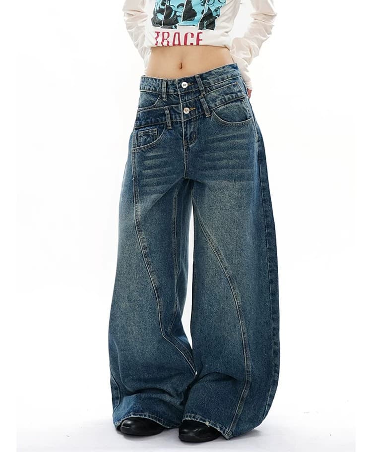 워싱 불규칙 해체 모통이 칼 청바지 남녀 아메리칸 더블 허리 머리 디자인 센스 캐주얼 와이드 레그 팬츠 상세 이미지 12
