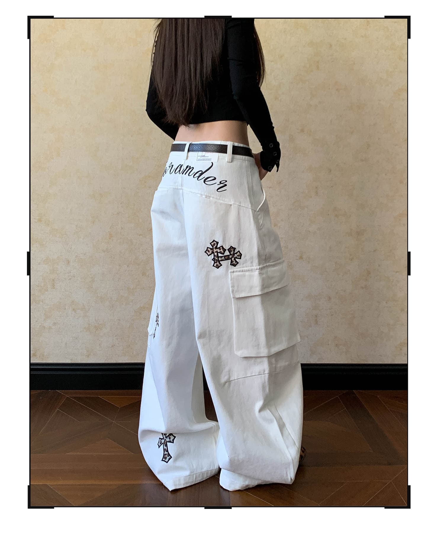 ov 오리지널 아메리칸 레오파드 무늬 십자가 자수 모통이 칼 캐주얼 바지 남녀 루즈핏 넓은 다리 빅 포켓 워크웨어 긴 바지 상세 이미지 12