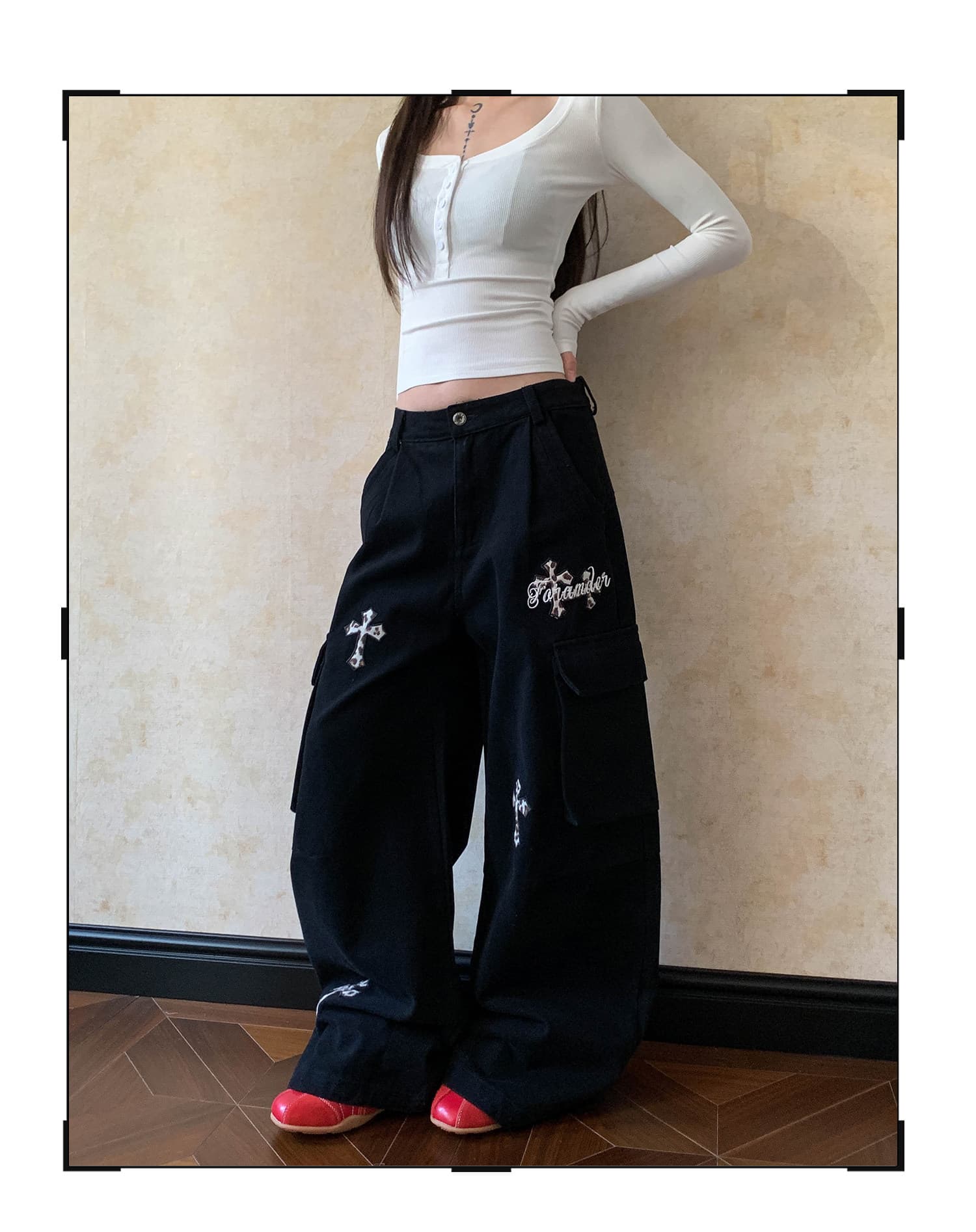 ov 오리지널 아메리칸 레오파드 무늬 십자가 자수 모통이 칼 캐주얼 바지 남녀 루즈핏 넓은 다리 빅 포켓 워크웨어 긴 바지 상세 이미지 13