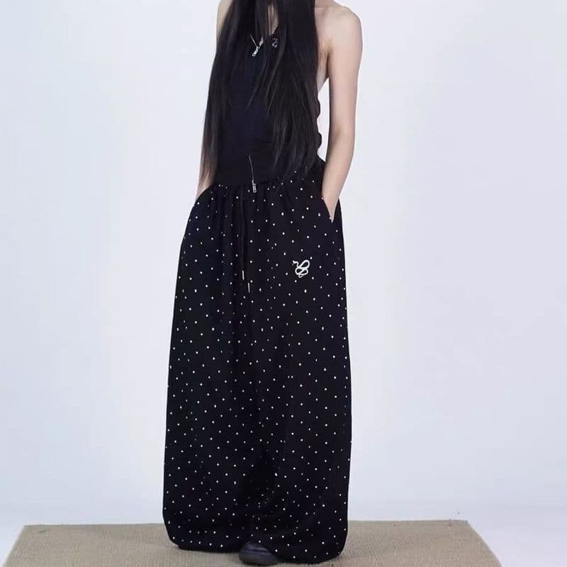아메리칸 레트로 전체 인쇄 도트 무늬 운동 캐주얼 바지 여성 봄 가을 새로운 펌프 로프 루즈핏 도루 센스 와이드 레그 팬츠 긴 바지 트렌디 이미지 3