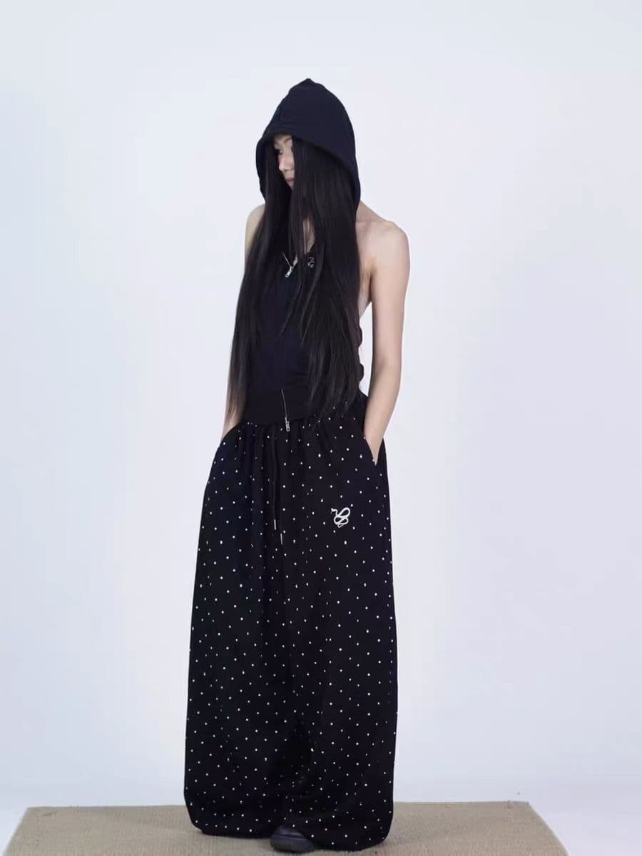 아메리칸 레트로 전체 인쇄 도트 무늬 운동 캐주얼 바지 여성 봄 가을 새로운 펌프 로프 루즈핏 도루 센스 와이드 레그 팬츠 긴 바지 트렌디 상세 이미지 3