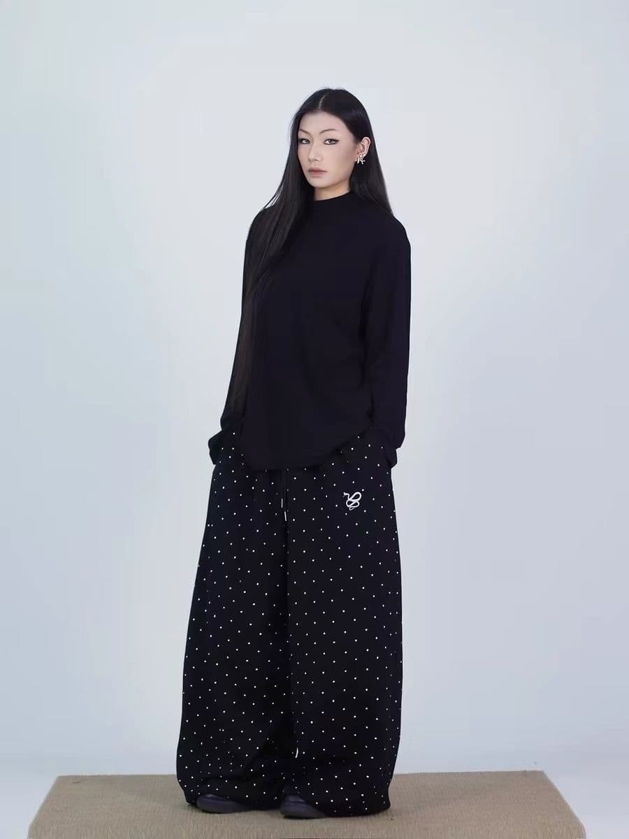 아메리칸 레트로 전체 인쇄 도트 무늬 운동 캐주얼 바지 여성 봄 가을 새로운 펌프 로프 루즈핏 도루 센스 와이드 레그 팬츠 긴 바지 트렌디 상세 이미지 4