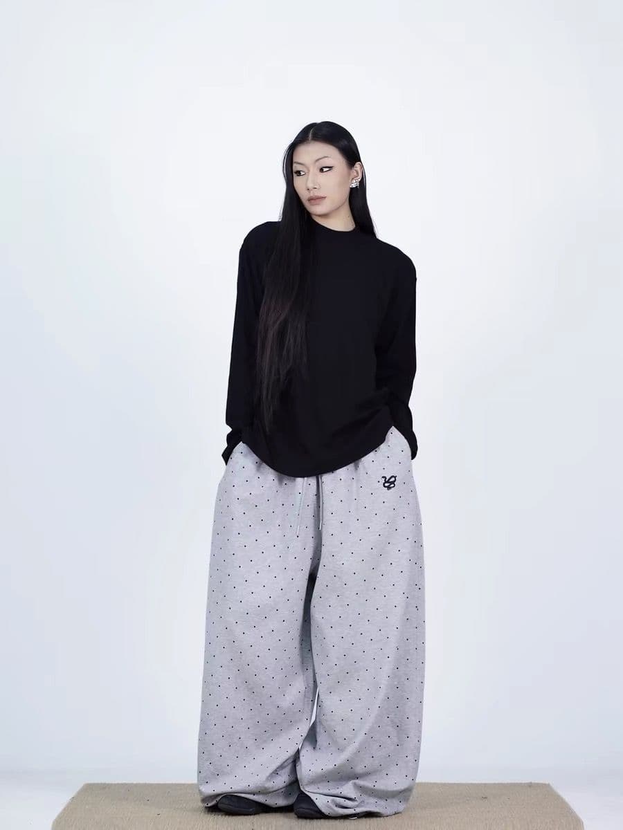 아메리칸 레트로 전체 인쇄 도트 무늬 운동 캐주얼 바지 여성 봄 가을 새로운 펌프 로프 루즈핏 도루 센스 와이드 레그 팬츠 긴 바지 트렌디 상세 이미지 5