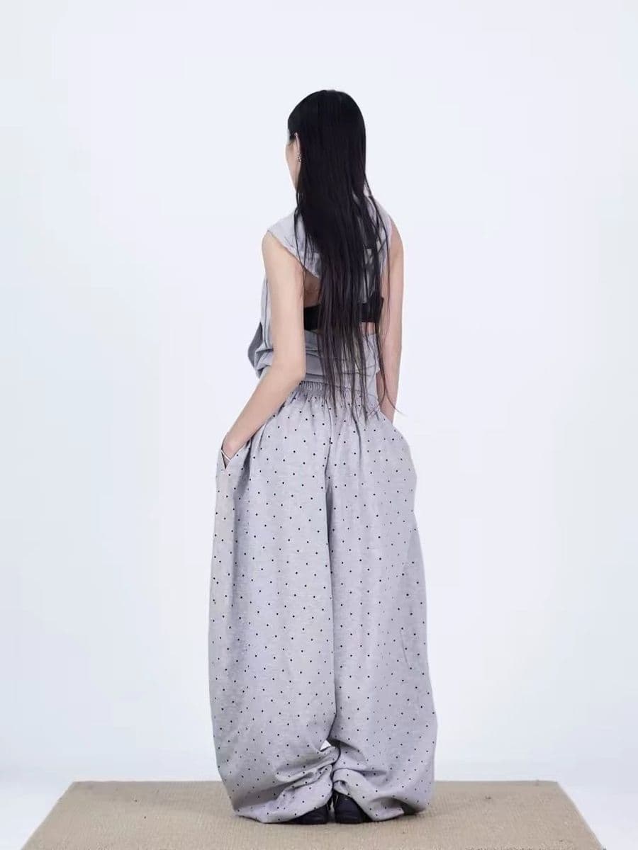 아메리칸 레트로 전체 인쇄 도트 무늬 운동 캐주얼 바지 여성 봄 가을 새로운 펌프 로프 루즈핏 도루 센스 와이드 레그 팬츠 긴 바지 트렌디 상세 이미지 6