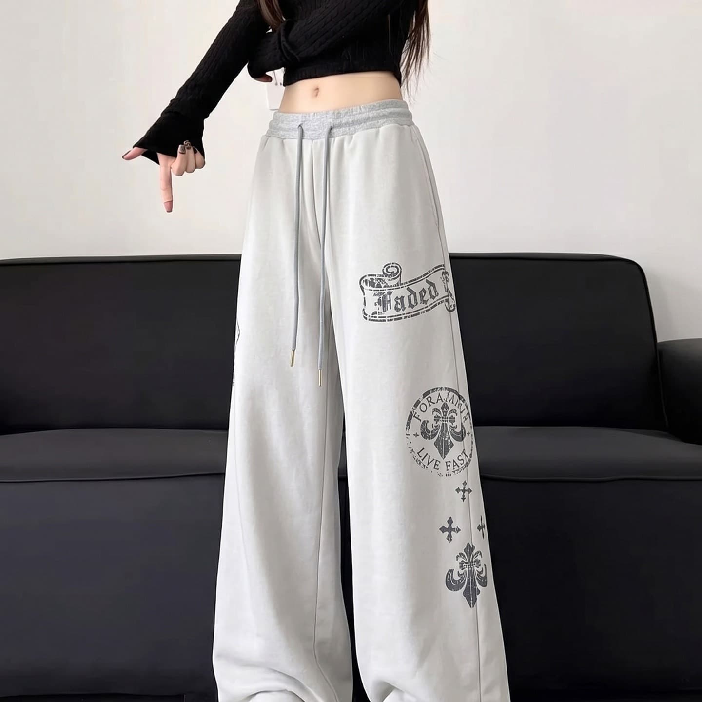 아메리칸 프린트 넓은 다리 운동 웨이 바지 남녀 가을 루즈핏 다용도 캐주얼 바지 디자인 센스 도루 센스 바닥 청소 긴 바지 이미지 5