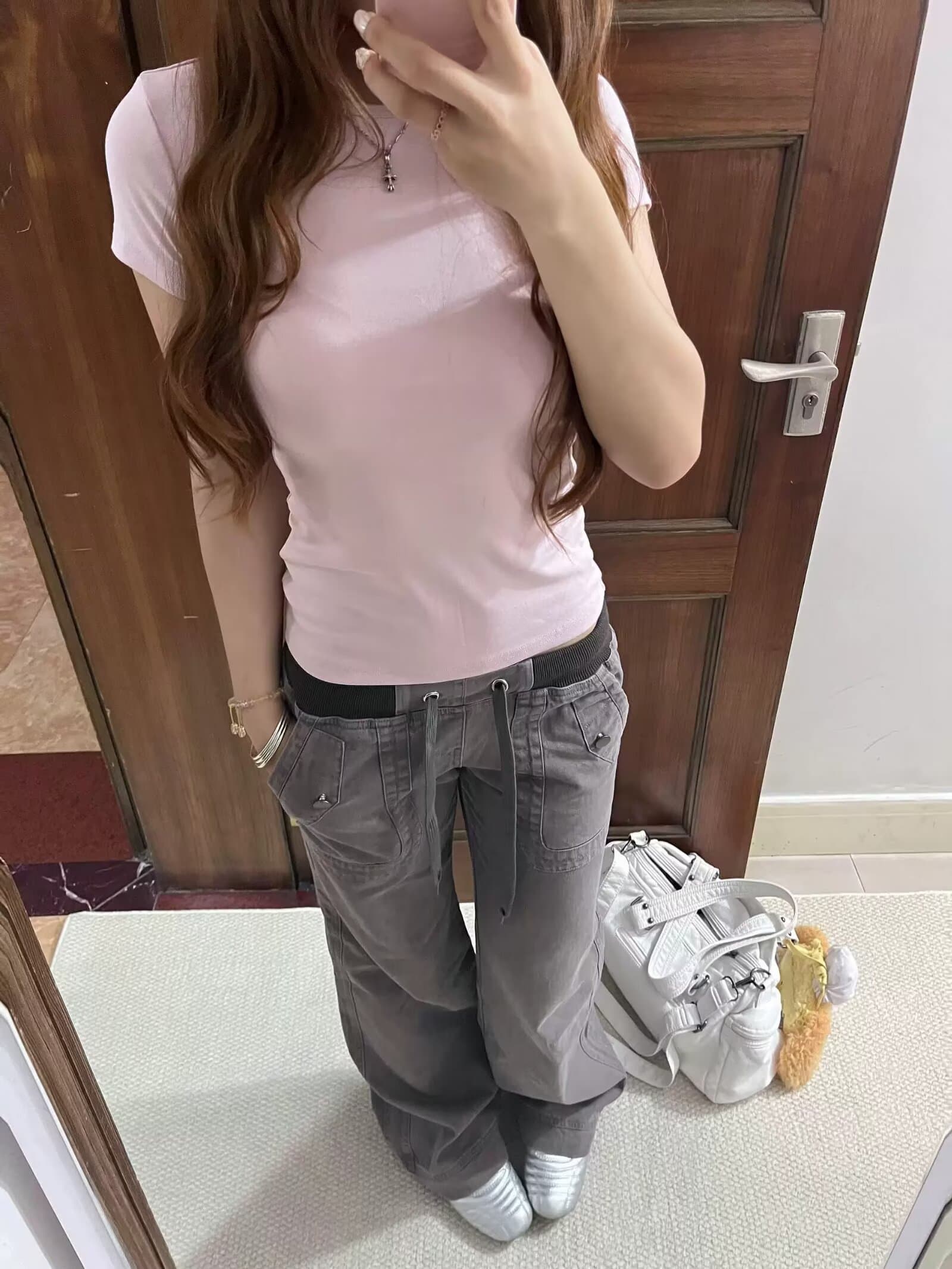 shawne 25ss 한국 작은 대중 개성 디자인 센스 라운드 넥 몸매 가꾸기 반팔 tee 워크웨어 팬츠 상세 이미지 35