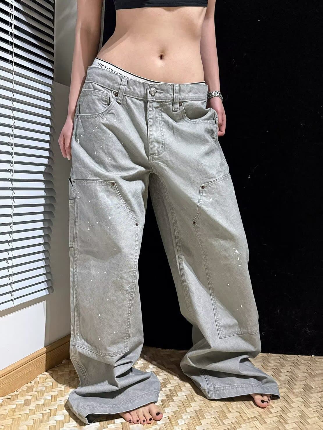 아메리칸 레트로 먹물 더블 무릎 패치 벌채 반출 청바지 남녀 거리 슬림해 보이는 워크웨어 바람 루즈핏 스트레이트 긴 바지 상세 이미지 6