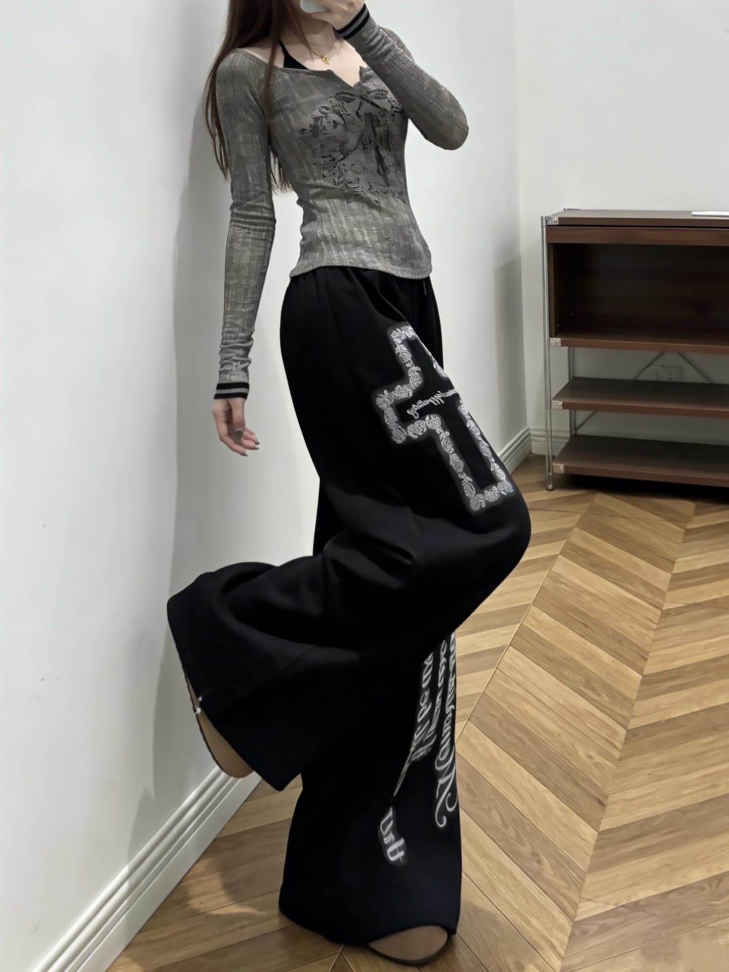 아메리칸 레트로 알파벳 프린트 펌프 로프 와이드 레깅스 바지 루즈핏 운동 캐주얼 바지 웃음 하 거리 바람 스트리트 댄스 긴 바지 이미지 2