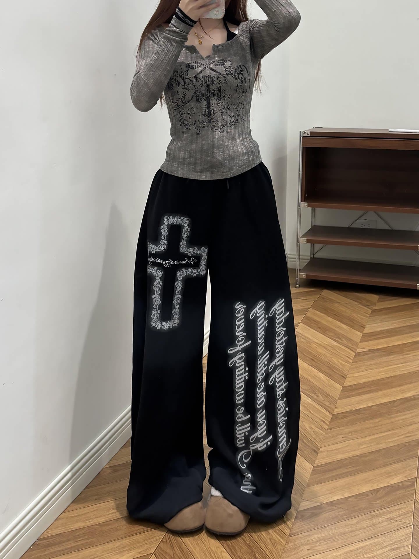 아메리칸 레트로 알파벳 프린트 펌프 로프 와이드 레깅스 바지 루즈핏 운동 캐주얼 바지 웃음 하 거리 바람 스트리트 댄스 긴 바지 상세 이미지 5