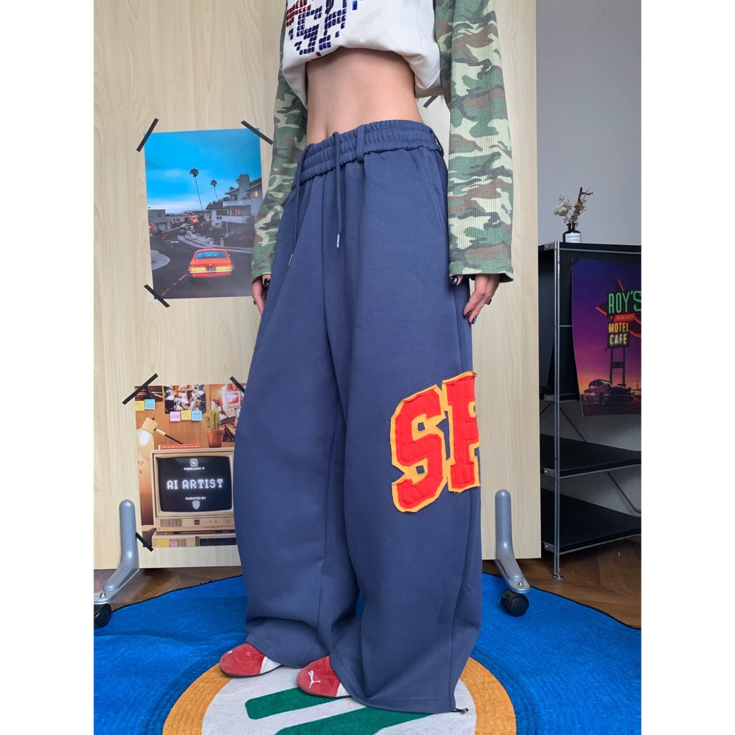 아메리칸 알파벳 조수 브랜드 자수 모통이 칼 바지 남녀 루즈핏 프린트 디자인 센스 다용도 운동 와이드 레그 팬츠 이미지 2