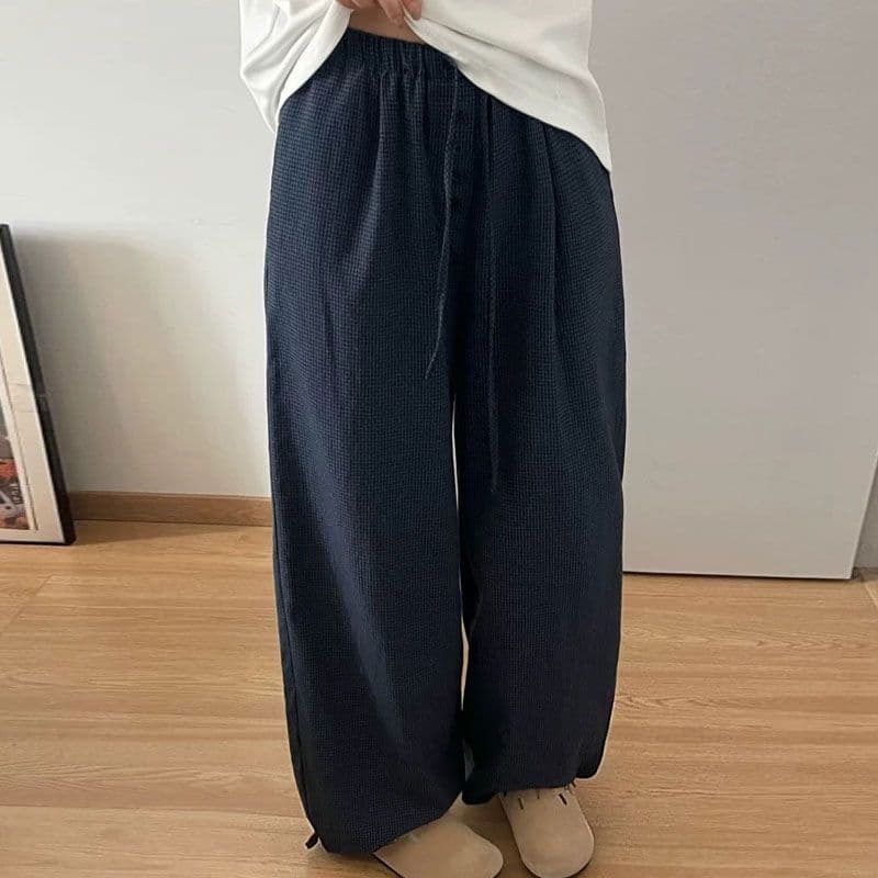 한국 동대문 느긋한 바람 면 린넨 일본식 이른 가을 체크무늬 바지 버튼 캐주얼 바지 슬림해 보이는 루즈핏 와이드 레깅스 바지 이미지 2