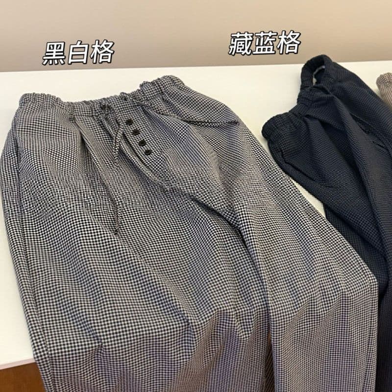 한국 동대문 느긋한 바람 면 린넨 일본식 이른 가을 체크무늬 바지 버튼 캐주얼 바지 슬림해 보이는 루즈핏 와이드 레깅스 바지 이미지 5