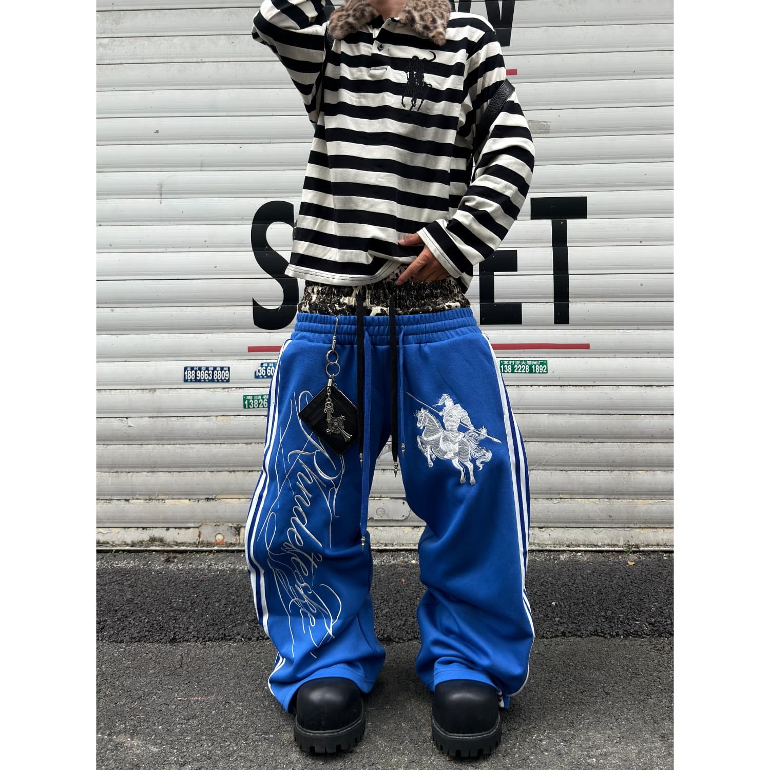 작은 대중 거리 한 마디 레오파드 무늬 더블 허리 파란색 웨이 바지 남녀 펌프 로프 밴딩 자수 와이드 레그 팬츠 이미지 4