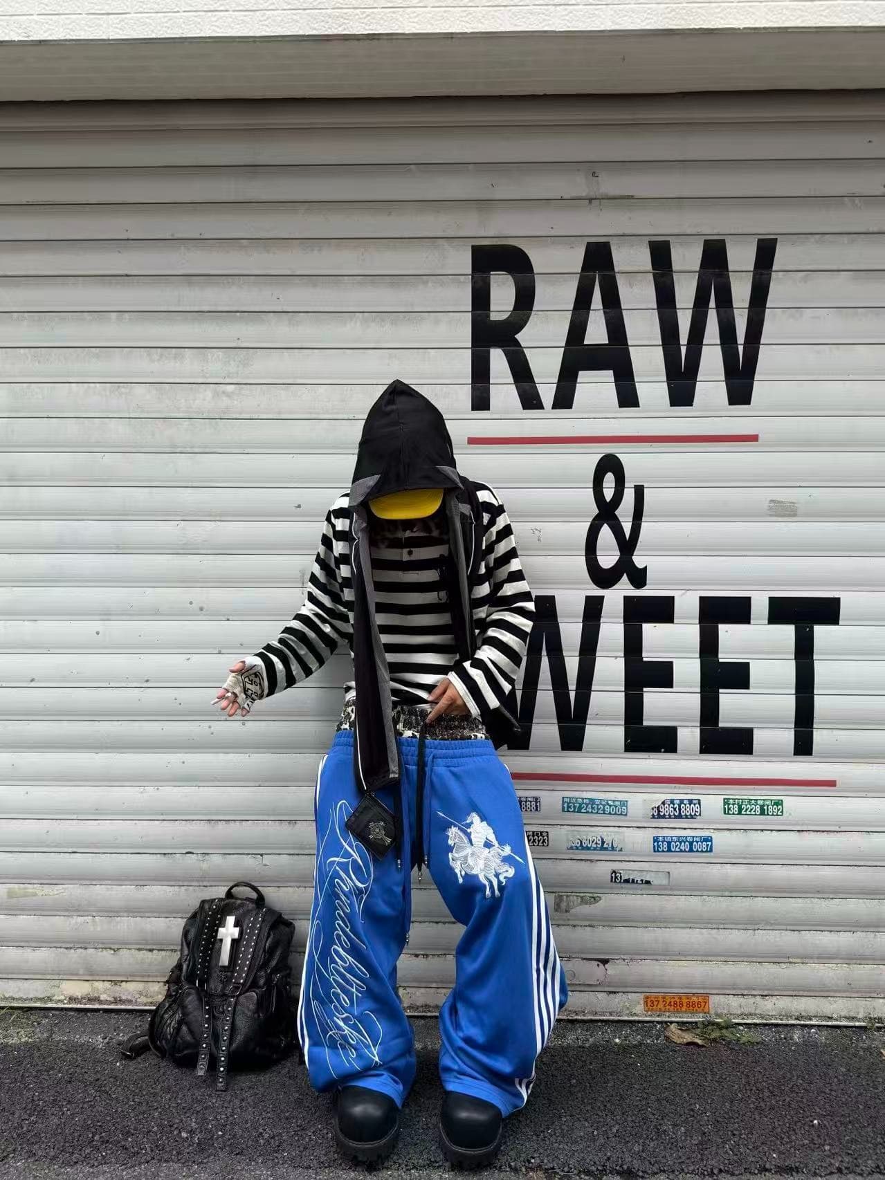 작은 대중 거리 한 마디 레오파드 무늬 더블 허리 파란색 웨이 바지 남녀 펌프 로프 밴딩 자수 와이드 레그 팬츠 상세 이미지 17