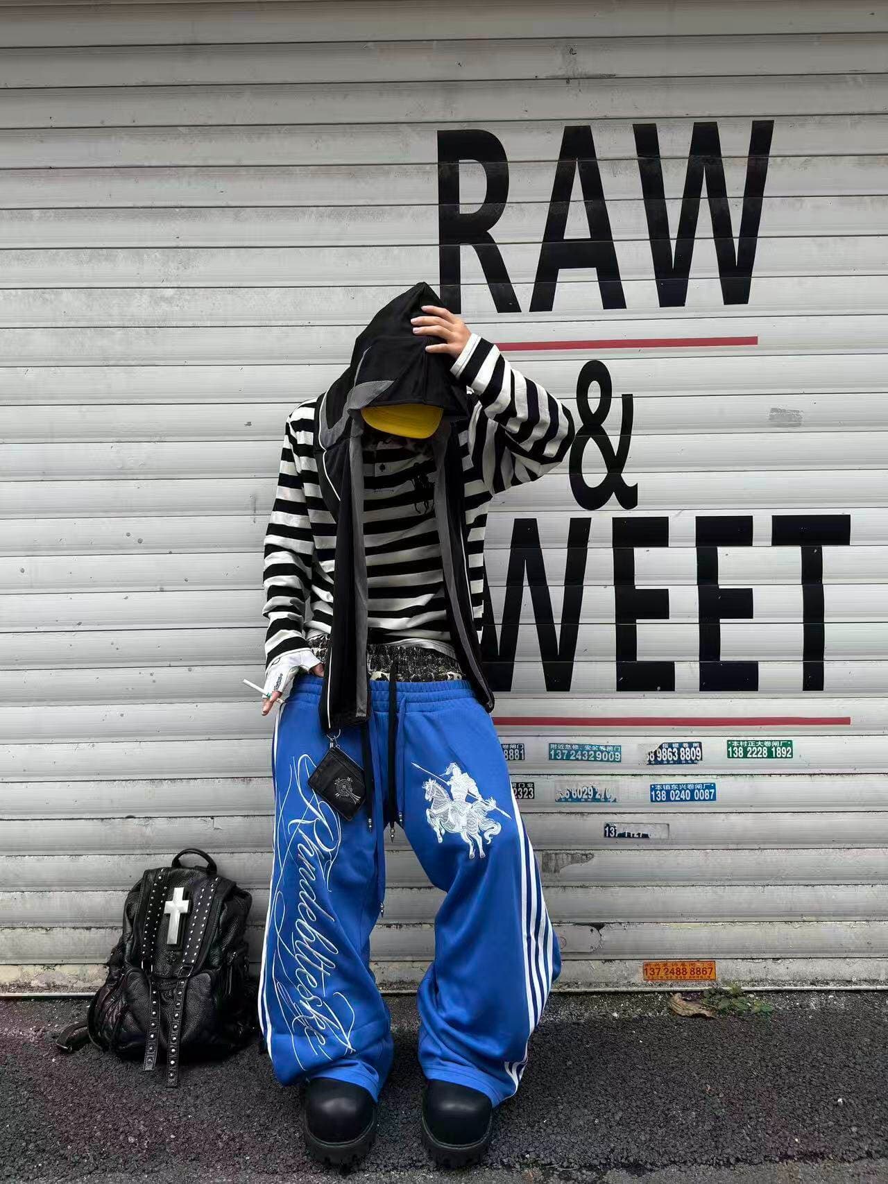 작은 대중 거리 한 마디 레오파드 무늬 더블 허리 파란색 웨이 바지 남녀 펌프 로프 밴딩 자수 와이드 레그 팬츠 상세 이미지 19