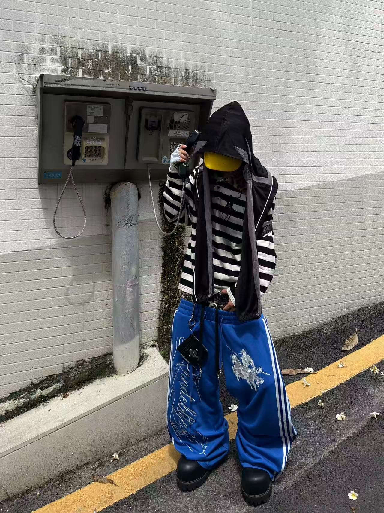 작은 대중 거리 한 마디 레오파드 무늬 더블 허리 파란색 웨이 바지 남녀 펌프 로프 밴딩 자수 와이드 레그 팬츠 상세 이미지 20