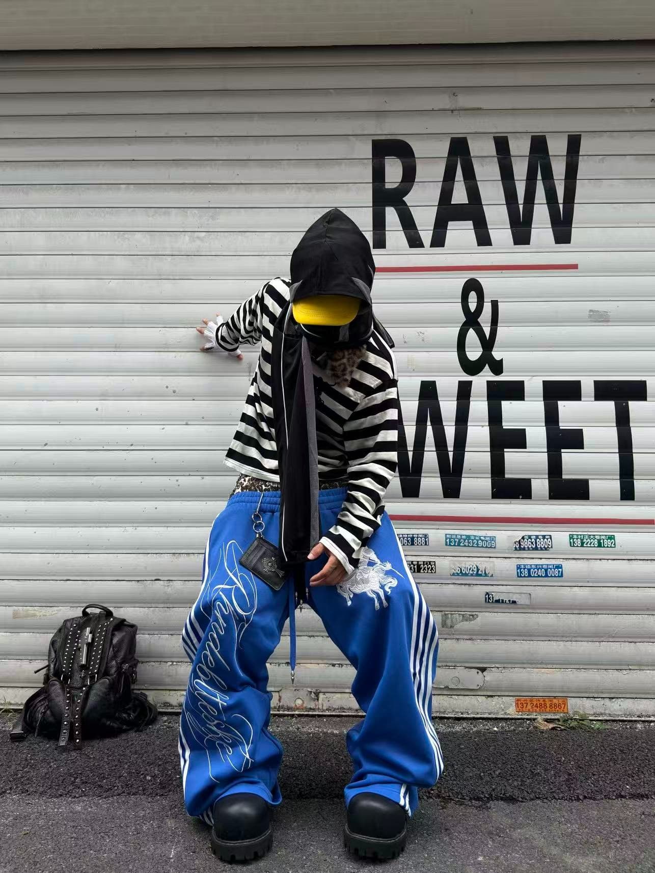 작은 대중 거리 한 마디 레오파드 무늬 더블 허리 파란색 웨이 바지 남녀 펌프 로프 밴딩 자수 와이드 레그 팬츠 상세 이미지 23