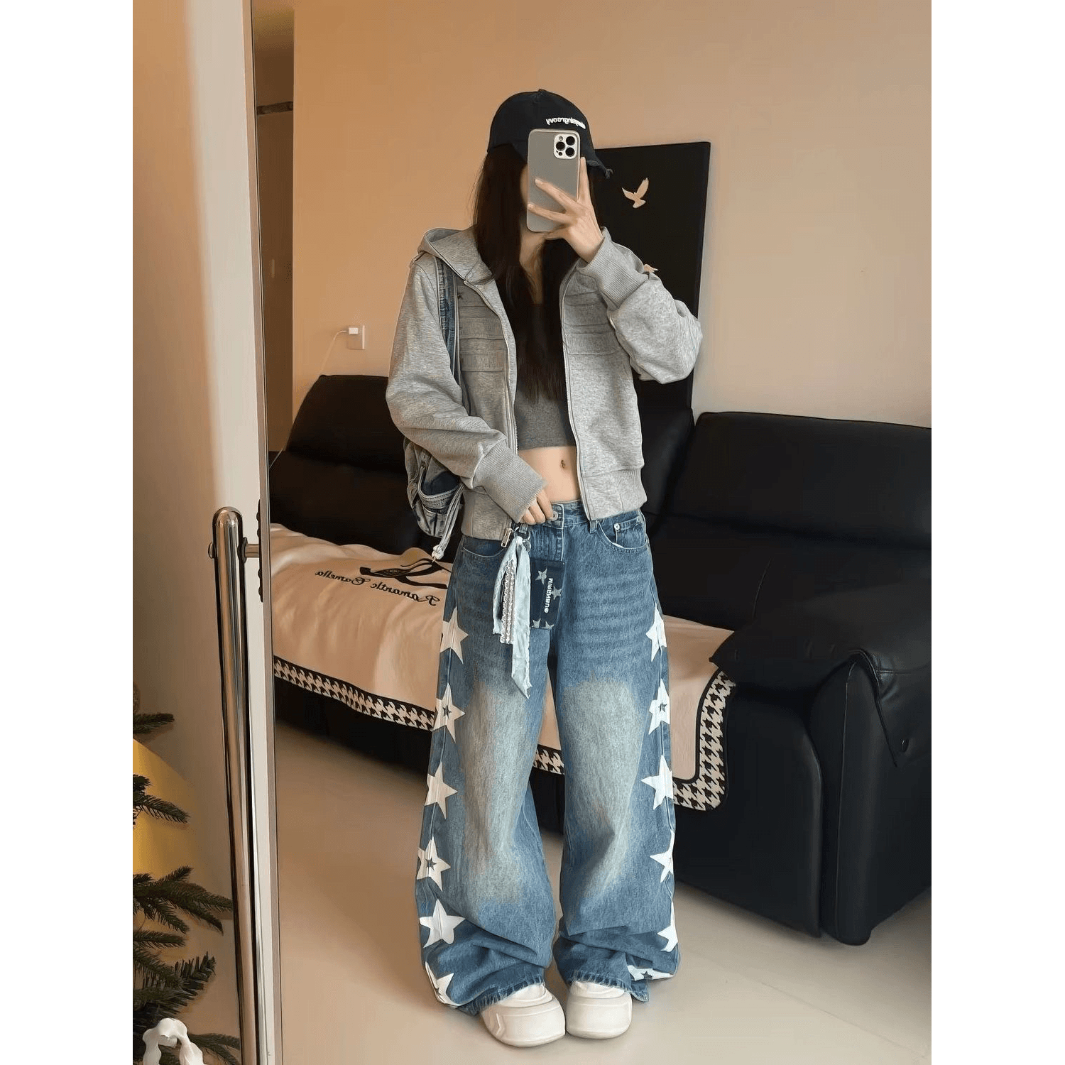 아메리칸 디자인 센스 측면 별 프린트 넓은 다리 청바지 남녀 루즈핏 다용도 캐주얼 트렌드 스트레이트 긴 바지 이미지 5