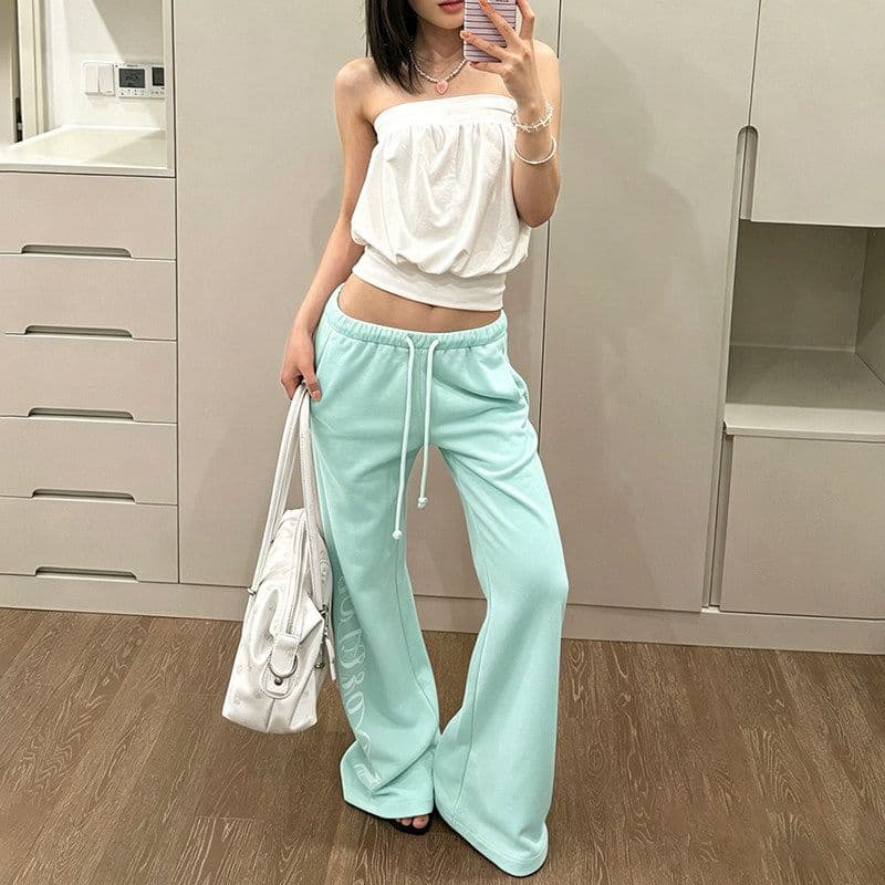 핫걸 알파벳 프린트 펌프 로프 부츠컷 캐주얼 바지 여성 여름 아메리칸 레트로 몸매 가꾸기 슬림해 보이는 다용도 바닥 청소 긴 바지 상세 이미지 3