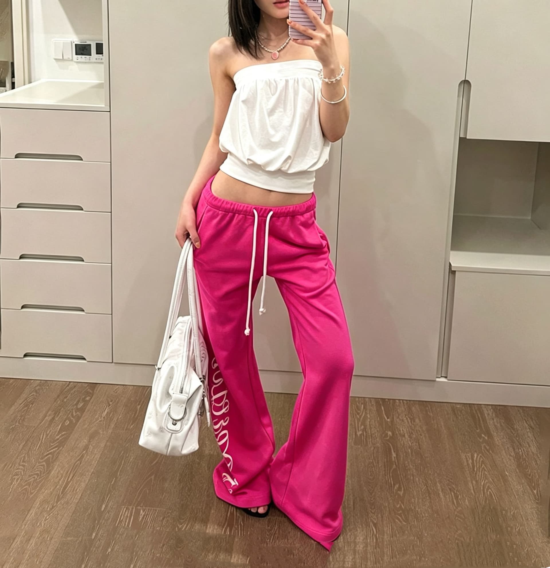핫걸 알파벳 프린트 펌프 로프 부츠컷 캐주얼 바지 여성 여름 아메리칸 레트로 몸매 가꾸기 슬림해 보이는 다용도 바닥 청소 긴 바지 상세 이미지 6
