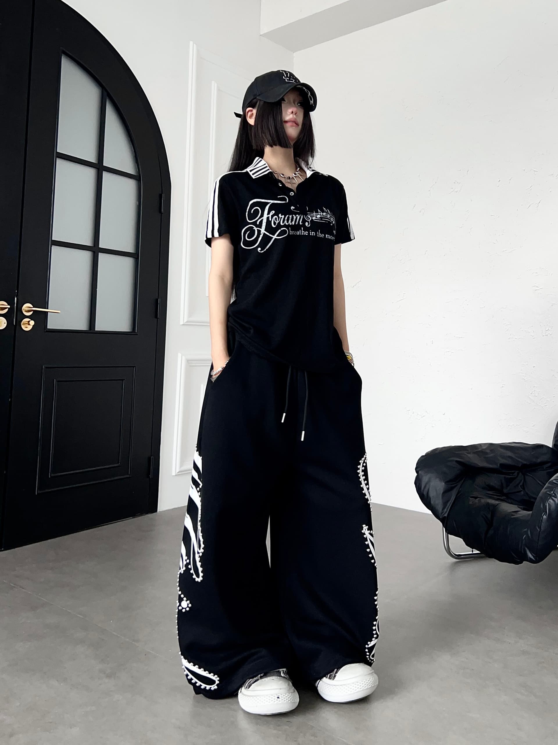아메리칸 거리 비즈 박기 낙서 알파벳 캐주얼 바지 루즈핏 넓은 다리 도루 센스 춤추기 웨이 바지 상세 이미지 31