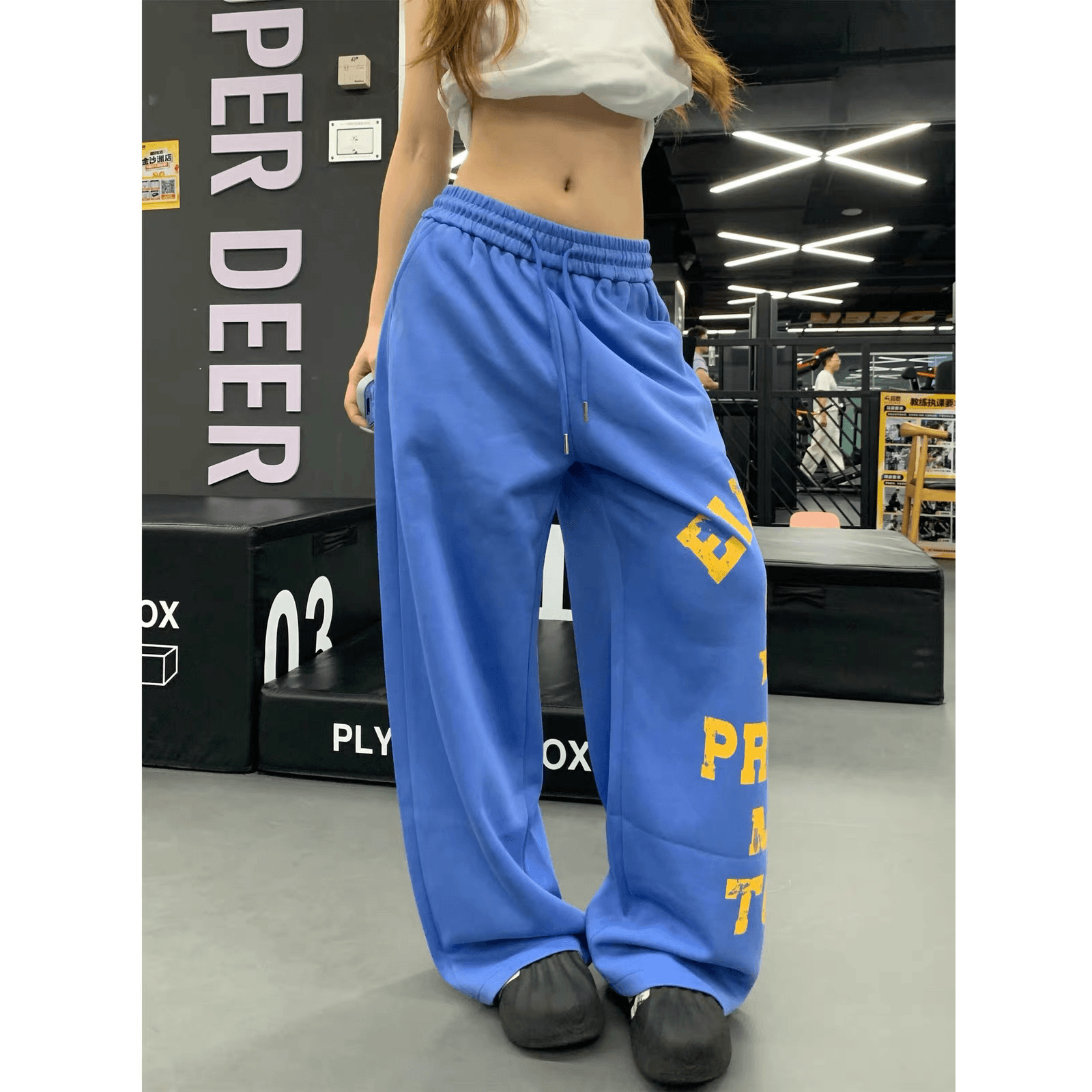 아메리칸 레트로 알파벳 프린트 허리밴드 운동 캐주얼 바지 남녀 스트리트 댄스 느긋한 루즈핏 와이드 레그 팬츠 이미지 5