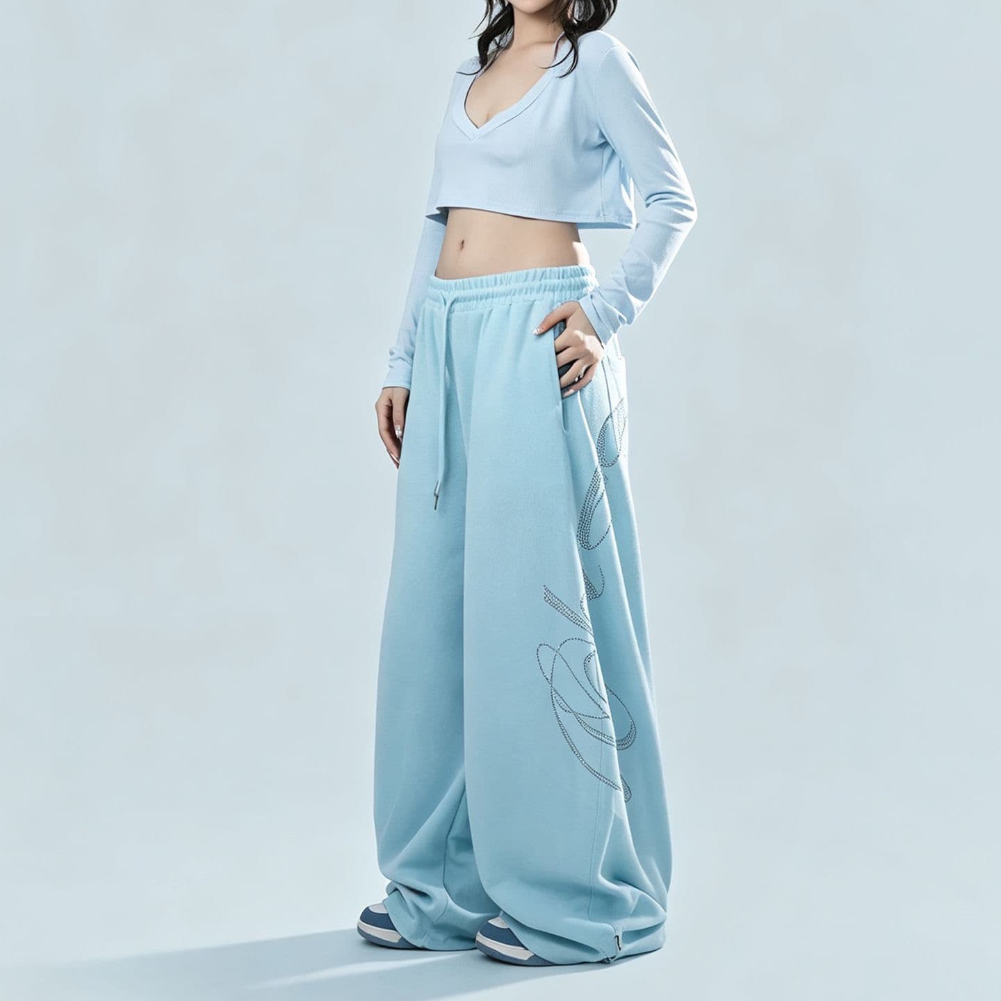 아메리칸 레트로 거리 웃음 하 바람 폭발 플래시 알파벳 핫픽스 재즈 와이드 레그 팬츠 루즈핏 느긋한 캐주얼 바지 긴 바지 여성 이미지 4