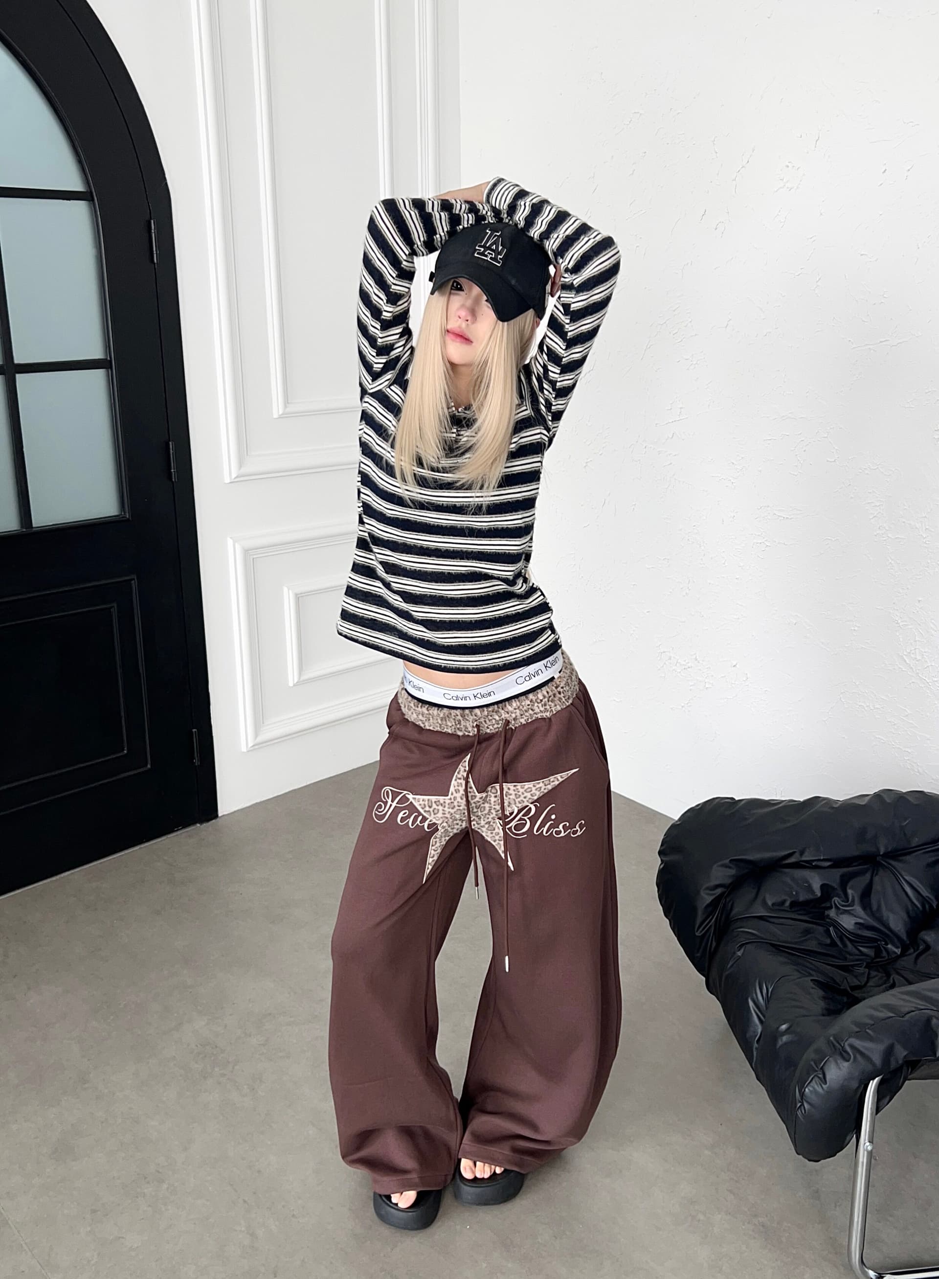 아메리칸 레트로 플리스 별 레오파드 무늬 자수 캐주얼 바지 넓은 다리 모통이 칼 남녀 웨이 바지 상세 이미지 23