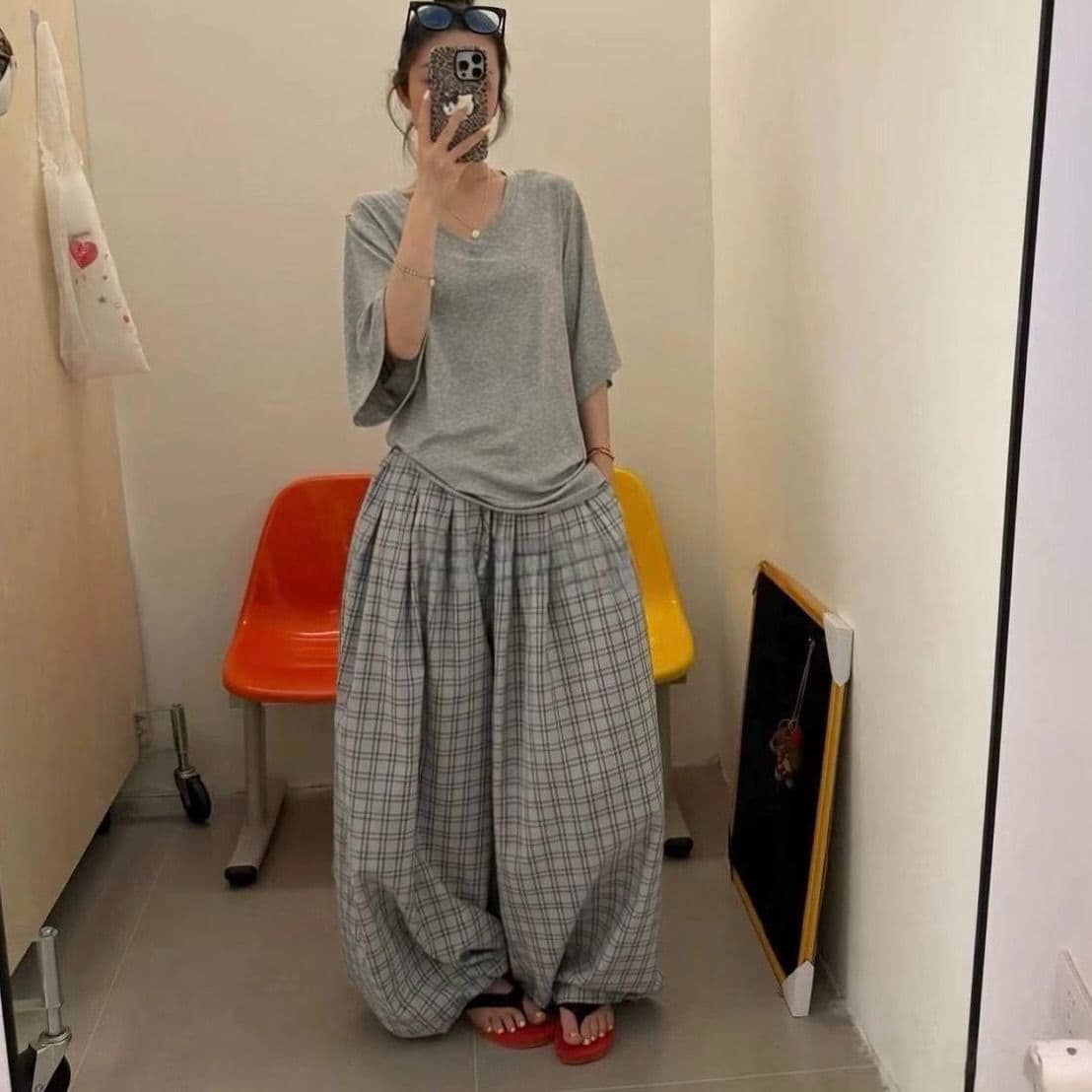 이른 가을 한 부서 레트로 체크무늬 와이드 레깅스 바지 허리밴드 슬림해 보이는 다용도 캐주얼 긴 바지 배기 바지 트렌디 다용도 이미지 2