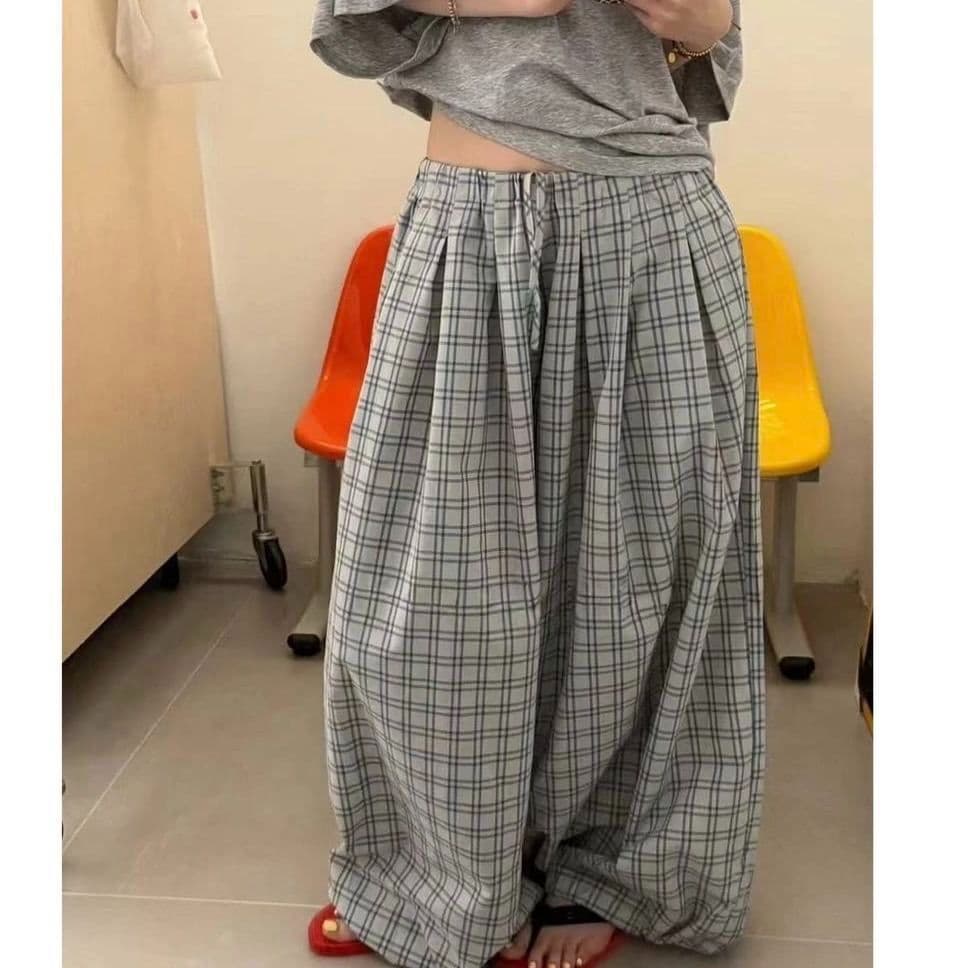 이른 가을 한 부서 레트로 체크무늬 와이드 레깅스 바지 허리밴드 슬림해 보이는 다용도 캐주얼 긴 바지 배기 바지 트렌디 다용도 상세 이미지 4