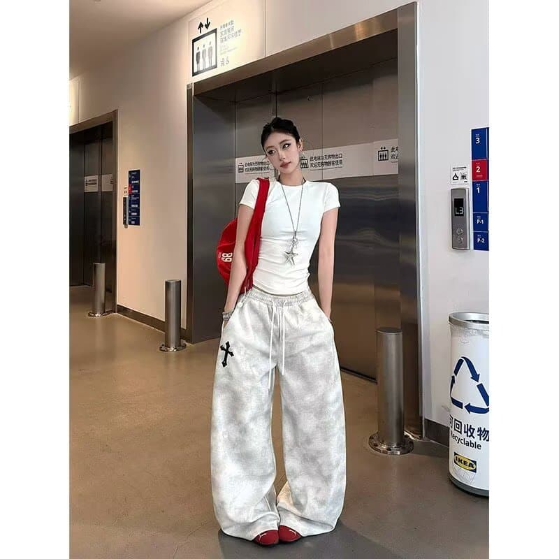 조수 브랜드 쌀 회색 홀치기 염색 캐주얼 스트레이트 팬츠 남자 봄 가을 2025 새로운 아메리칸 악당 잘 생긴 커플 롱 바지 상세 이미지 5