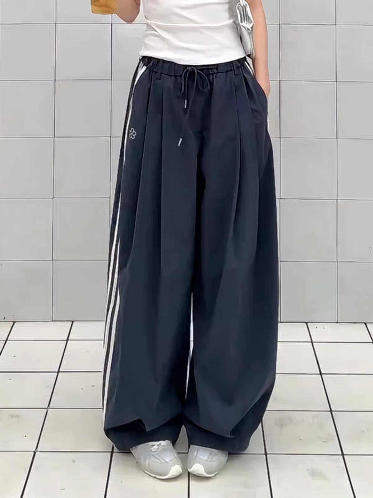 아메리칸 운동 바람 측면 스트라이프 와이드 레깅스 바지 가을 새로운 루즈핏 허리밴드 펌프 로프 바지 상세 이미지 1