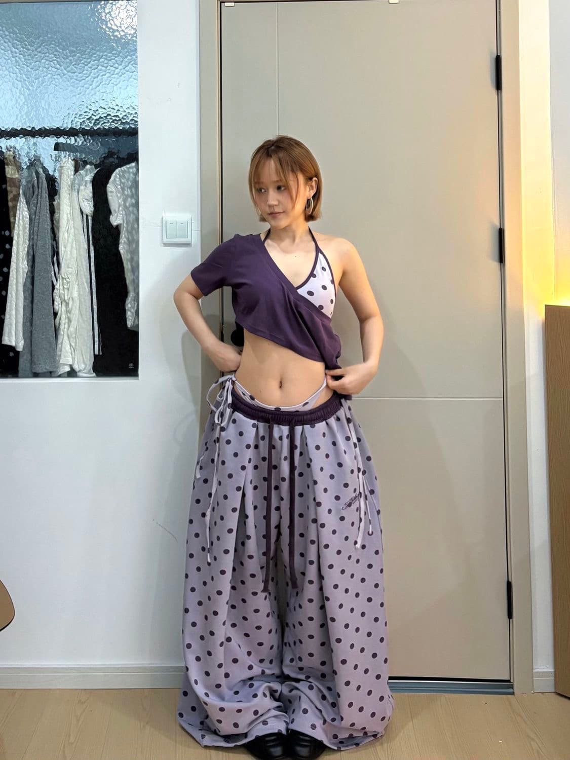 아메리칸 레트로 느긋한 루즈핏 배색 도트 무늬 운동 캐주얼 웨이 바지 캐주얼 다용도 재즈 춤추기 바닥 청소 바지 상세 이미지 4