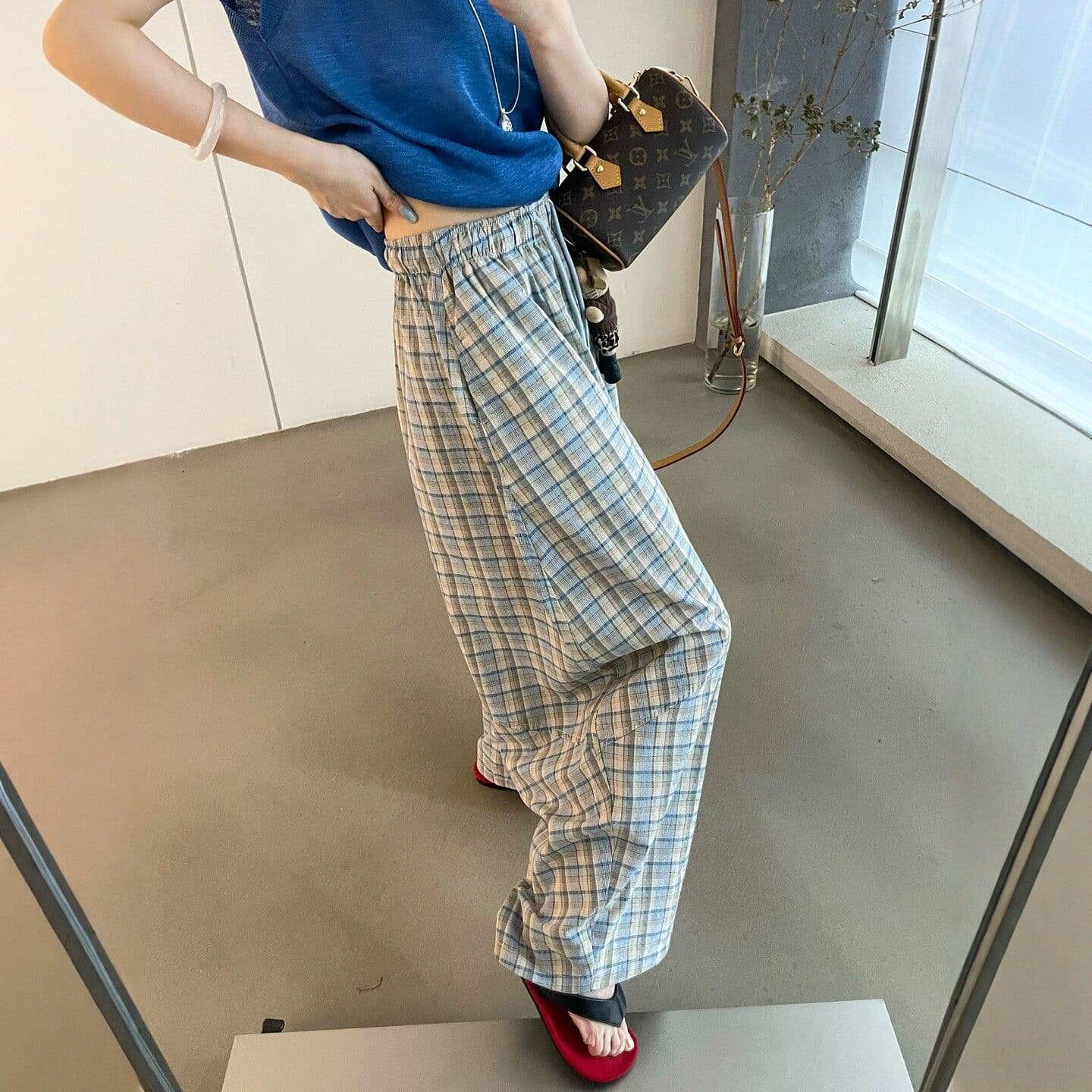 여름 느긋한 바람 이른 가을 신제품 허리밴드 펌프 로프 체크무늬 모통이 칼 와이드 레깅스 바지 다용도 9 포인트 캐주얼 긴 바지 이미지 4