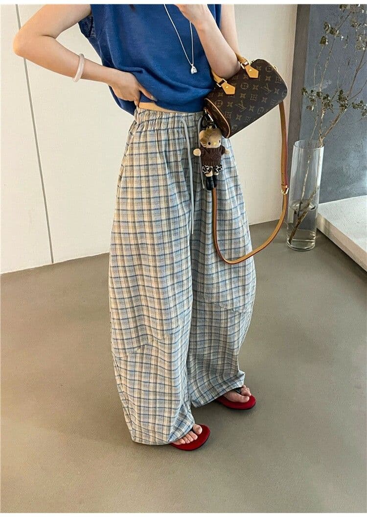 여름 느긋한 바람 이른 가을 신제품 허리밴드 펌프 로프 체크무늬 모통이 칼 와이드 레깅스 바지 다용도 9 포인트 캐주얼 긴 바지 상세 이미지 2