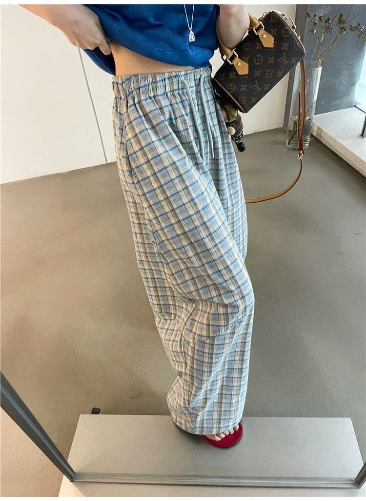 여름 느긋한 바람 이른 가을 신제품 허리밴드 펌프 로프 체크무늬 모통이 칼 와이드 레깅스 바지 다용도 9 포인트 캐주얼 긴 바지 상세 이미지 3