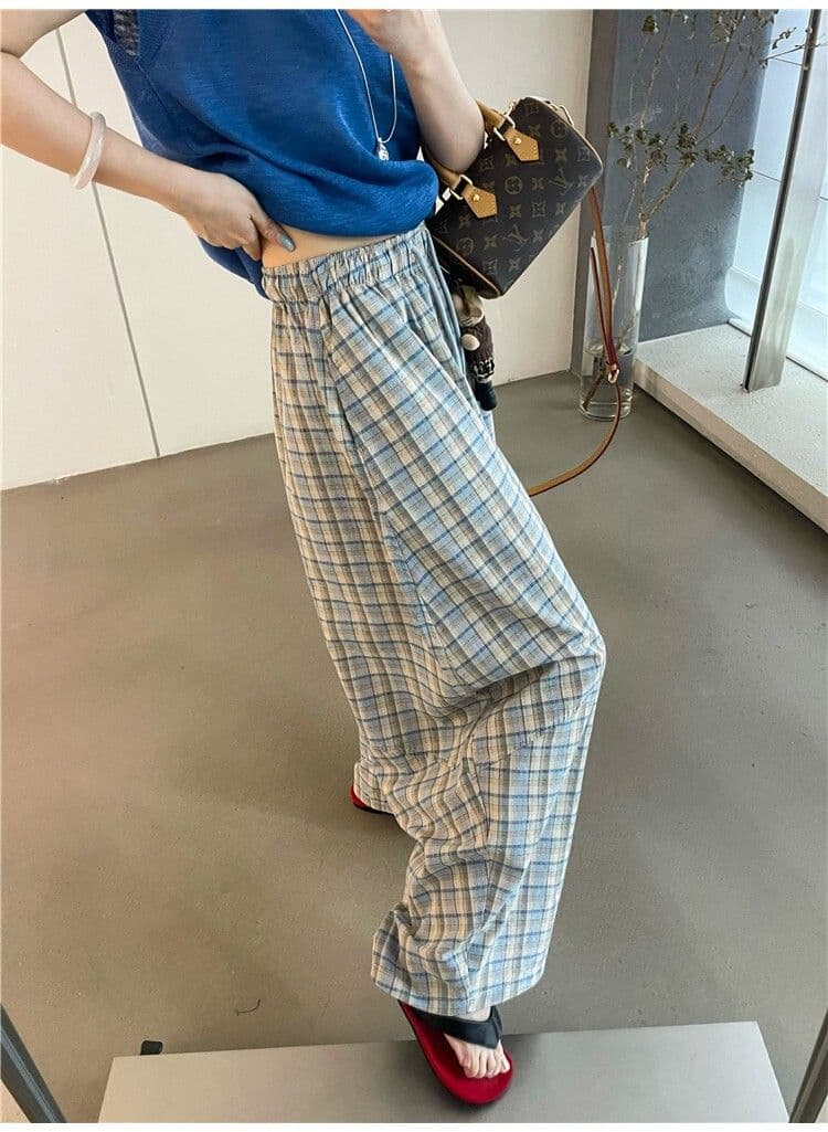 여름 느긋한 바람 이른 가을 신제품 허리밴드 펌프 로프 체크무늬 모통이 칼 와이드 레깅스 바지 다용도 9 포인트 캐주얼 긴 바지 상세 이미지 4