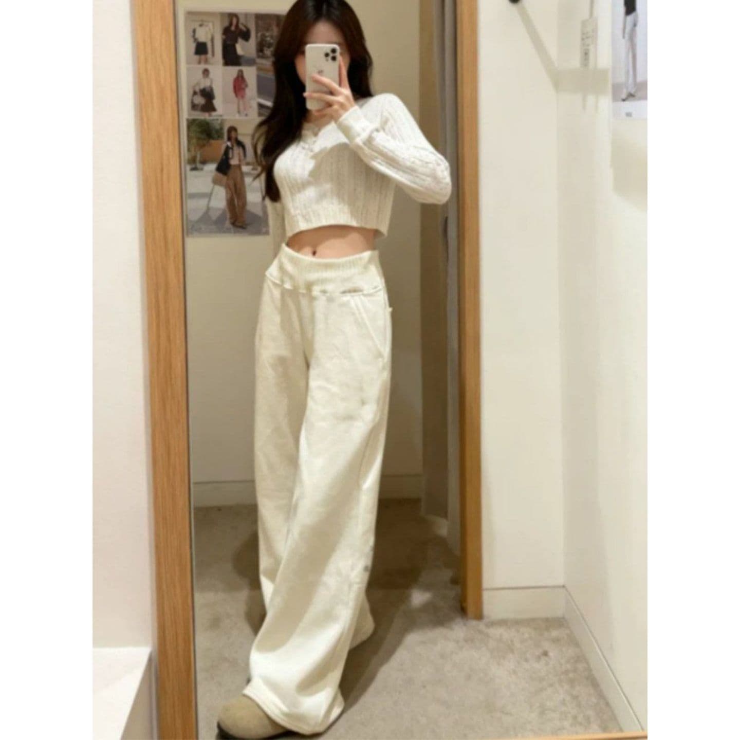 모방 Mianhua 면 복합 320 그램 루즈핏 bf 느긋한 바람 웨이 바지 하이웨이스트 운동 와이드 레깅스 바지 이미지 4