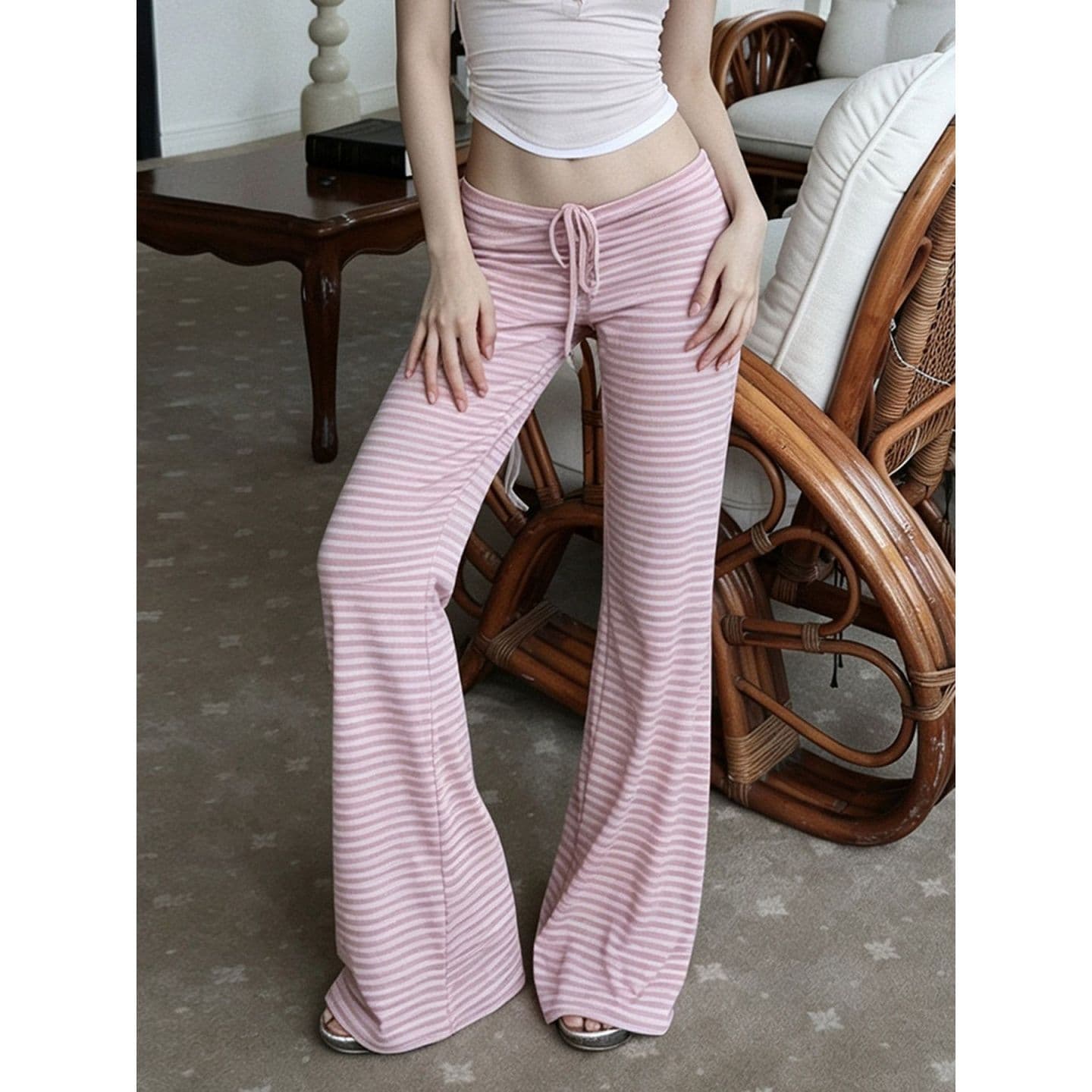 원본 컬러 짜임 기사 아메리칸 핫걸 스트라이프 부츠컷 바지 펌프 Pleat 레이스업 로우 웨이스트 캐주얼 바지 여성 상세 이미지 5