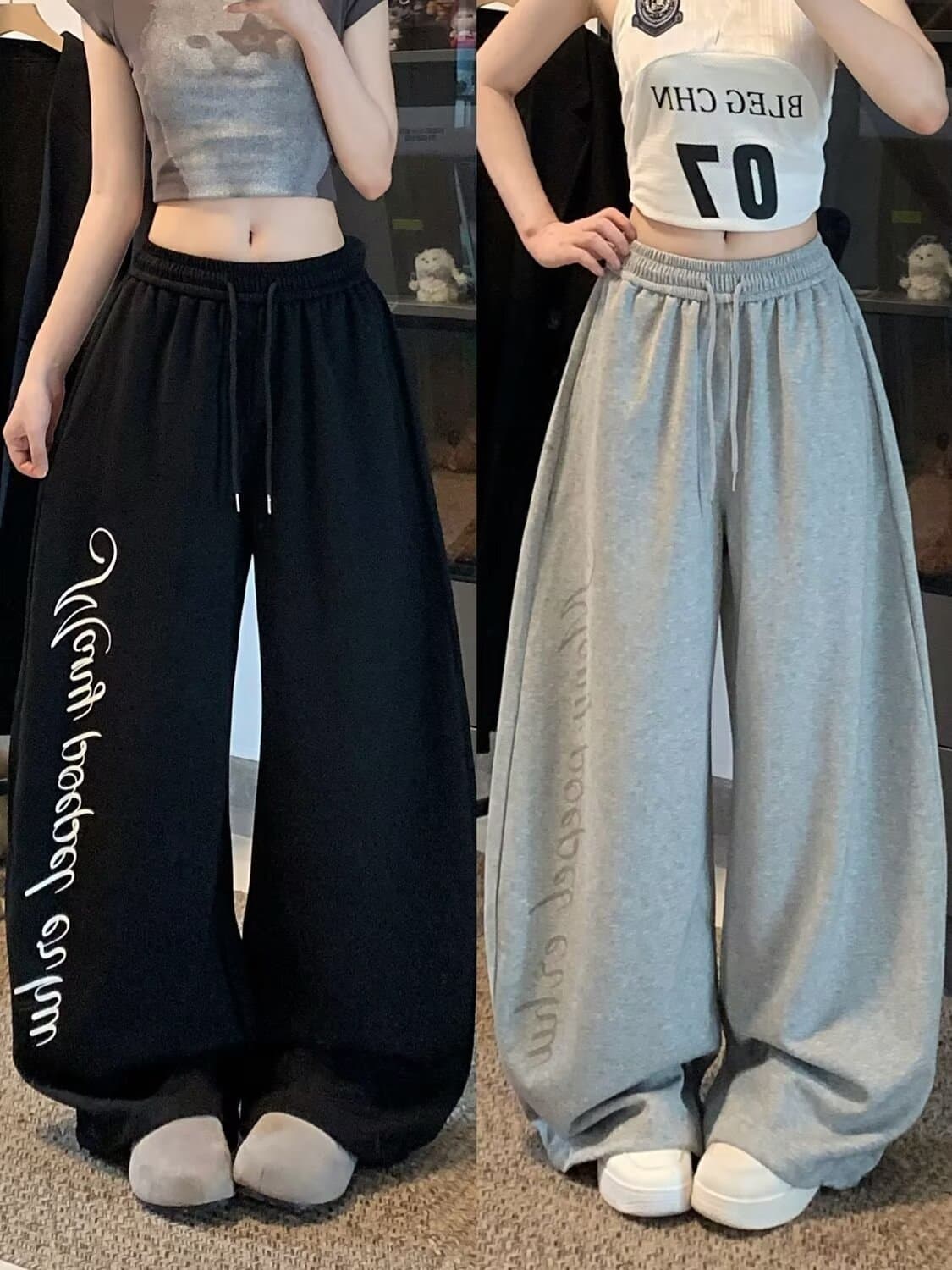 거리 아메리칸 알파벳 검정색 운동 바지 여성 2025 가을 루즈핏 넓은 다리 캐주얼 재즈 hiphop 운동 바지